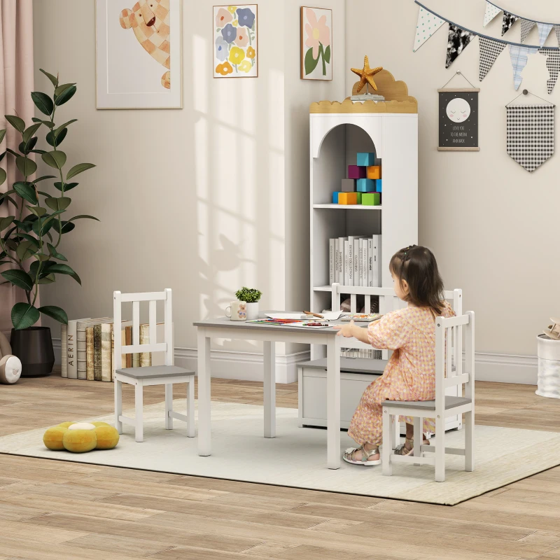 HOMCOM Set Tavolo per Bambini con 2 Sedie e Cassapanca in Legno per Cameretta, Bianco e Grigio