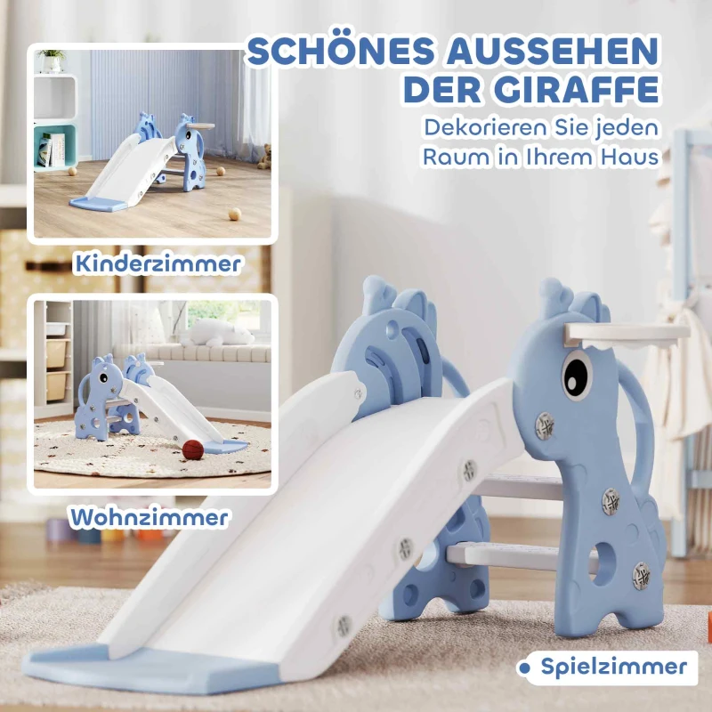 AIYAPLAY 3-in-1 Kinder Glijbaan in Giraffenvorm met Basketbalring, Bal, Blauw