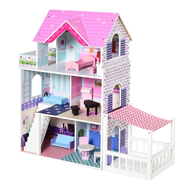HOMCOM Maison de poupée en Bois Jeu d'imitation avec 13 Accessoires Grand réalisme Multi-équipements 3 Niveaux escalier terrasses
