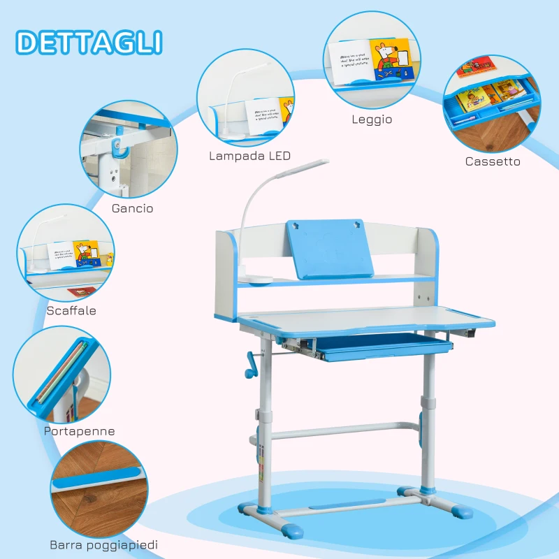 HOMCOM Banco Scuola per Bambini 6-12 Anni Regolabile con Luce LED, Leggio e Portapenne, in MDF, PP e Acciaio, Azzurro