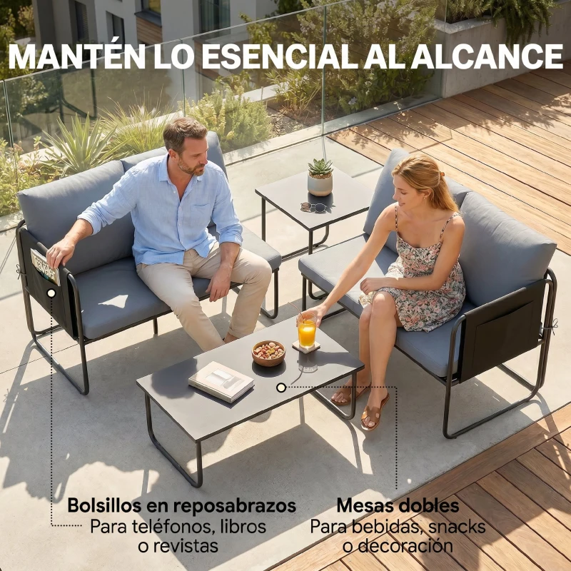 Outsunny Conjunto Jardín Exterior de 4 Piezas con 2 Sofás 2 Plazas 2 Mesas de Vidrio Cojines Fundas Extraíbles y Bolsillos Gris