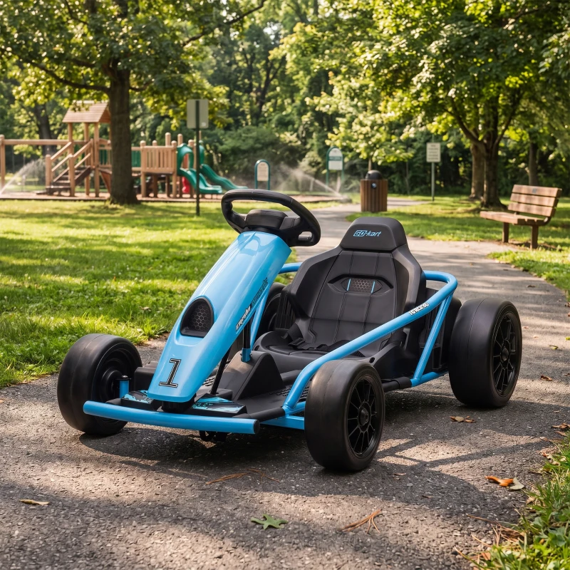 HOMCOM Go-Kart Elettrico per Bambini 8-12 Anni con Schienale Alto e Cintura di Sicurezza, 115x77x54 cm, Blu e Nero