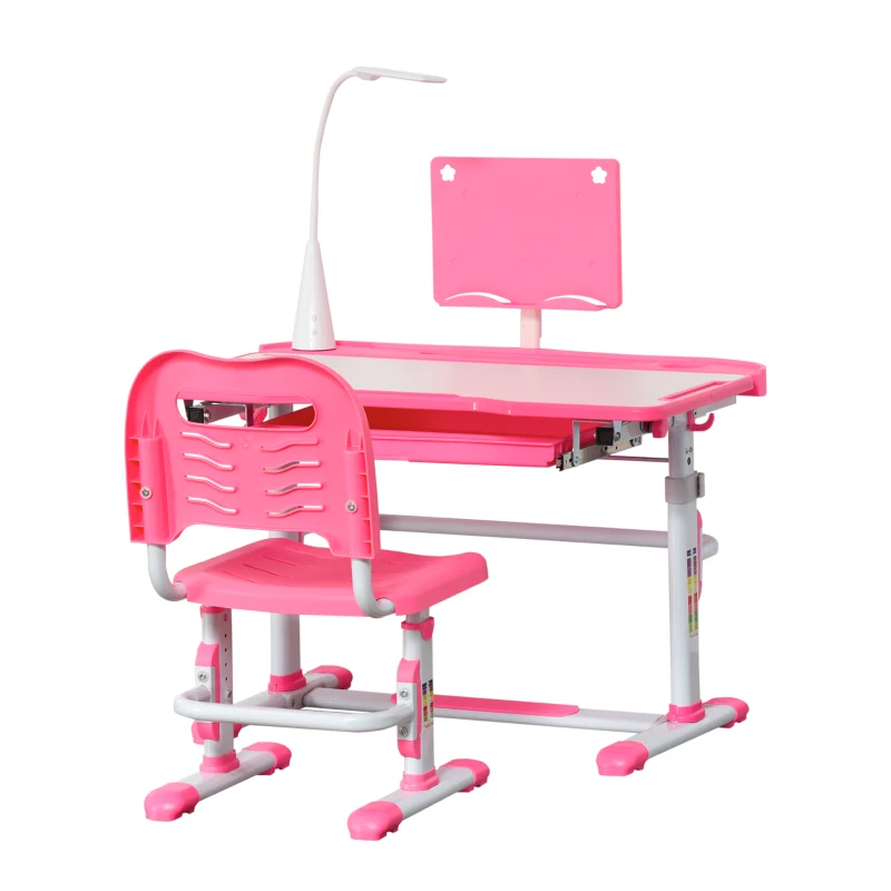 HOMCOM Set Scrivania per Bambini 6-12 Anni con Sedia Regolabile in Altezza, Cassetto, Luce e Piano Inclinabile, Rosa