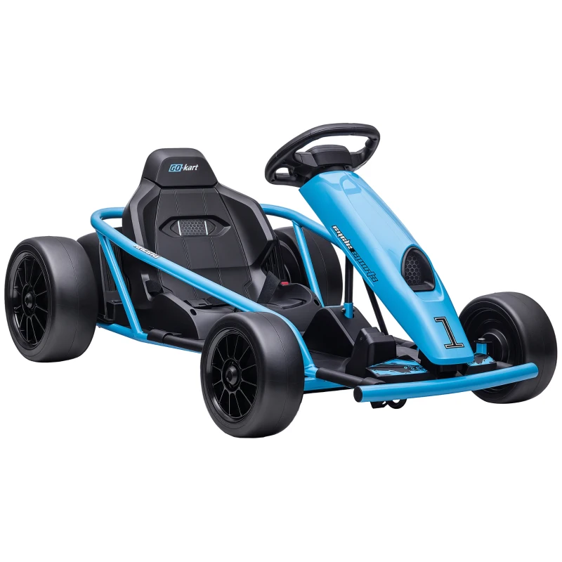 HOMCOM Go-Kart Electric pentru Copii 8-12 Ani cu Spătar Înalt și Centură de Siguranță, 115x77x54 cm, Albastru și Negru(m-11)
