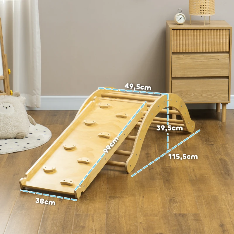 AIYAPLAY Kinder Klimset, 4-in-1 Ontwerp met Boogbrug, Schommelschommel, Kussen, Glijbaan, voor Binnenshuis, Hout