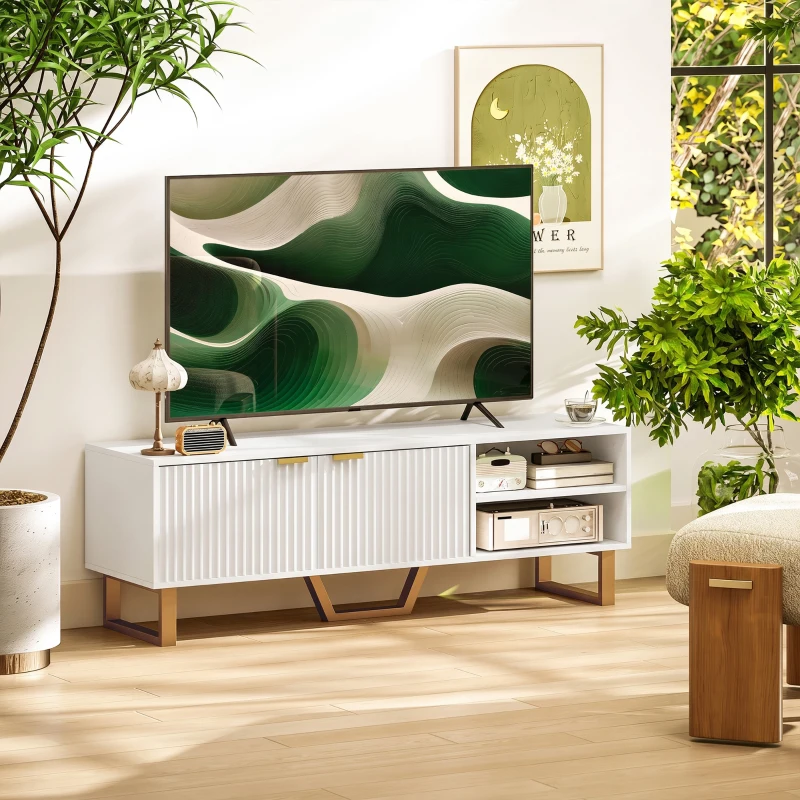 HOMCOM Meuble TV banc TV pour téléviseur jusqu'à 70 pouces - placard à 2 portes cannelées, compartiment ouvert et passe-câbles