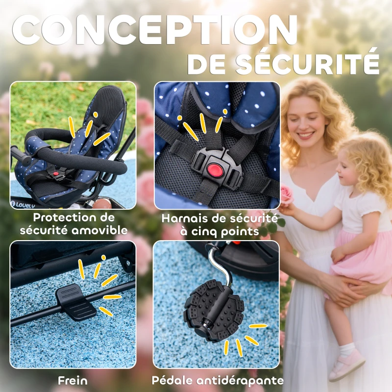 HOMCOM Tricycle Enfants Pare-Soleil Pliable Canne Amovible Benne Rangement 105 x 47 x 98 cm Acier Bleu et Noir