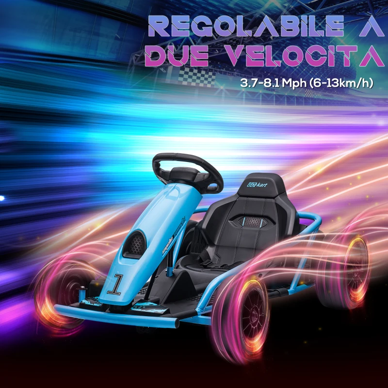 HOMCOM Go-Kart Elettrico per Bambini 8-12 Anni con Schienale Alto e Cintura di Sicurezza, 115x77x54 cm, Blu e Nero