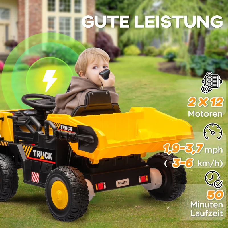 AIYAPLAY Elektrische Kiepwagen, 3-6 km/u, Speelgoedauto, Kantelbare Laadbak, Licht & Muziek, voor 3-5 Jaar