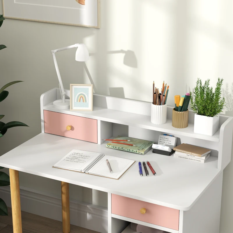 AIYAPLAY Juego de Escritorio Infantil con Silla Pupitre Infantil con Cajones Compartimento y Estantes Rosa y Blanco