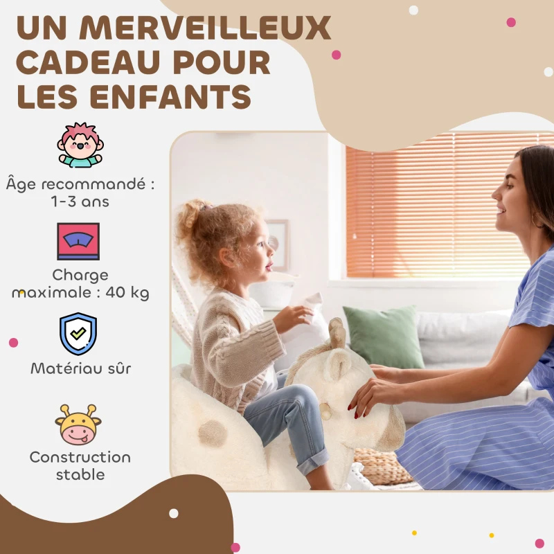 AIYAPLAY Cheval à bascule pour enfants girafe jouet à bascule bébé avec effet sonore, ceinture de sécurité, 68x35x50cm, beige