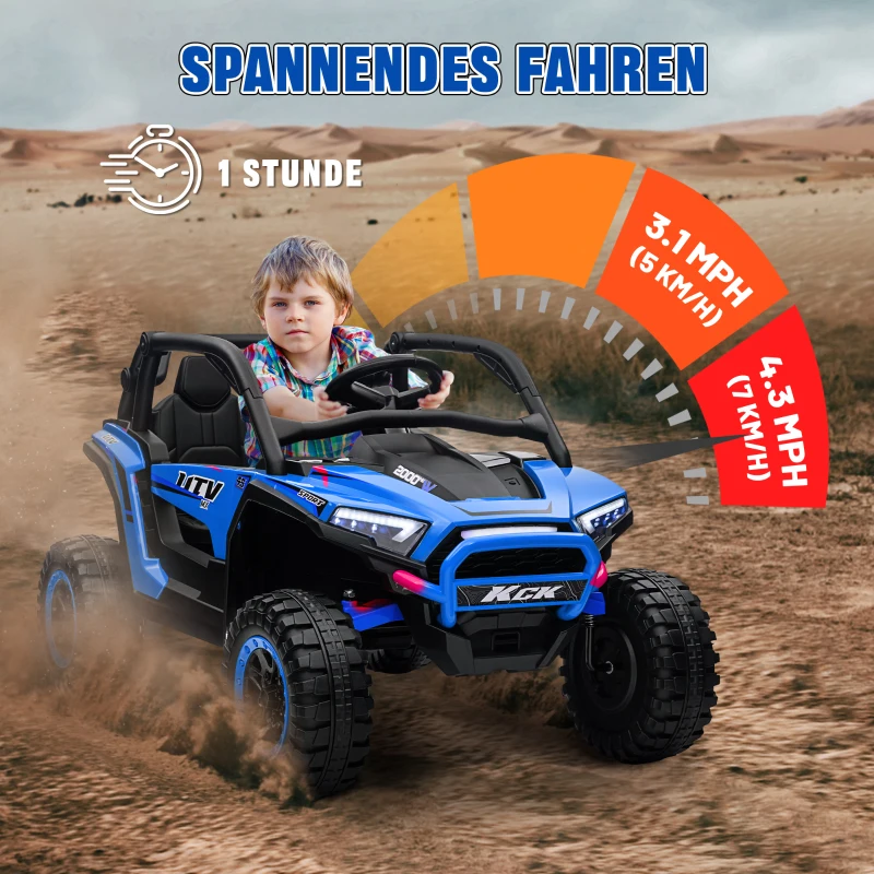 AIYAPLAY Elektrische Kinderauto 24V UTV met 2,4 GHz afstandsbediening, 4 motoren, kinderwagen met claxon, muziek, koplampen, elektrisch voertuig voor kinderen van 3-8 jaar, blauw