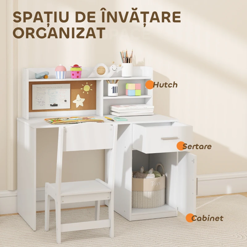 AIYAPLAY Birou pentru copii cu rafturi, dulap, sertar și scaun asortat din MDF alb