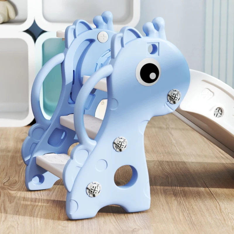 AIYAPLAY Toboggan pour enfants 3 en 1 en forme de girafe avec panier de basket, escalade et ballon, 106 x 51,5 x 52 cm, bleu