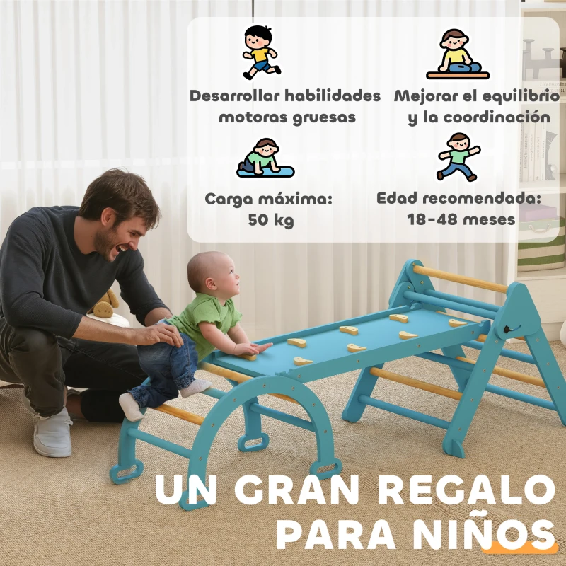 AIYAPLAY 7 en 1 Triángulo de Escalada Montessori de Madera Plegable con Arco y Rampa para Niños de 18-48 Meses 188x70 cm Azul