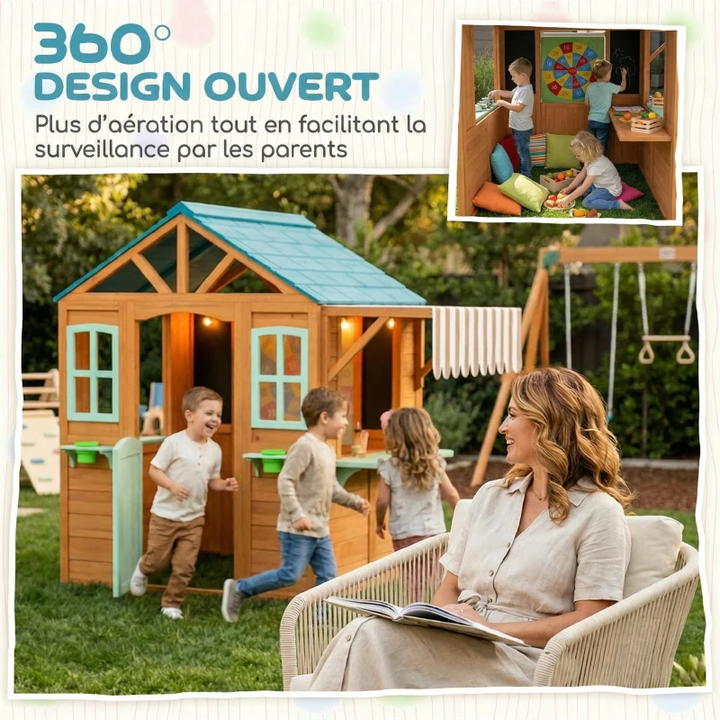 AIYAPLAY Cabane enfant extérieur en bois, maison enfant extérieure, porte-pots, tableau noir, jeu de lancer 4 balles, multicolore