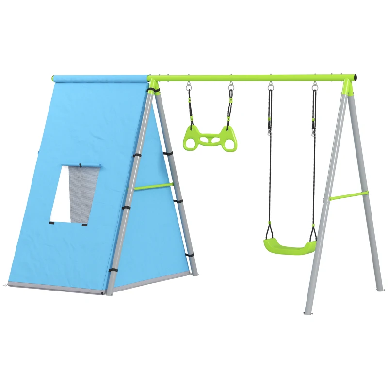 AIYAPLAY Columpio Infantil 3 en 1 con Tienda Anillas y Altura Ajustable para Niños de 3-8 Años Estructura Metálica 283x180x182 cm