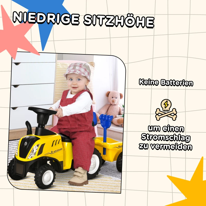 HOMCOM Schuiftractor met aanhanger, claxon, zandspeelgoed, vanaf 1 jaar, kunststof+metaal, geel, 91 x 29 x 44 cm
