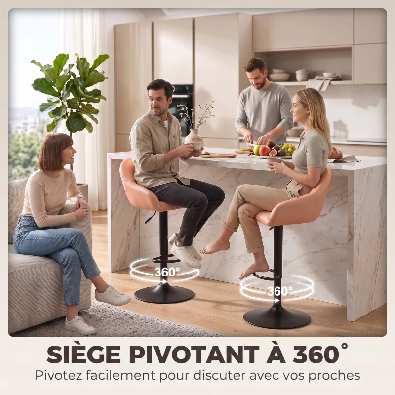 HOMCOM Lot de 2 Tabourets de Bar, Hauteur Réglable, Pivotant 360°, Dossier, Accoudoirs, Repose-Pieds, 49,5x48,5x108cm, Marron