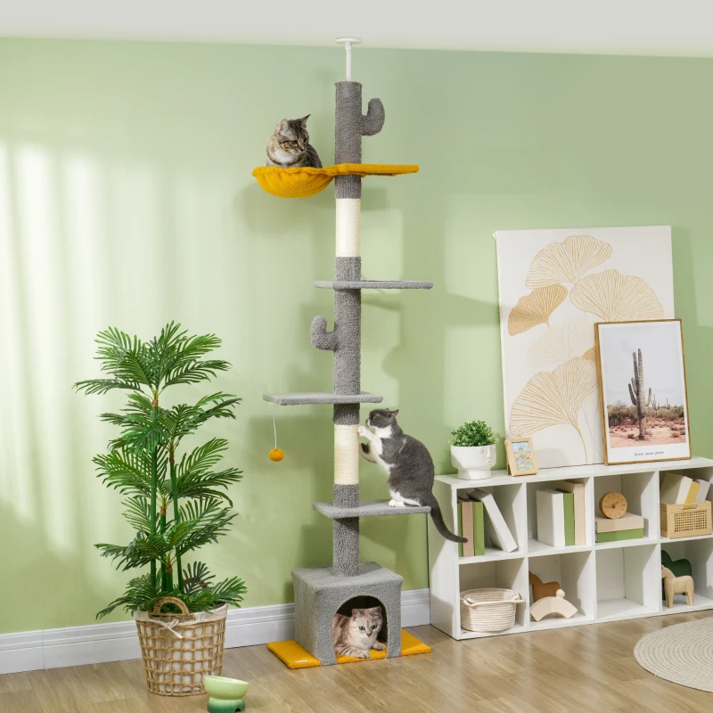 PawHut Arbre à chat, hauteur 275 cm, 6 niveaux pour chat d'intérieur, du sol au plafond, avec plate-formes, niche, gris clair