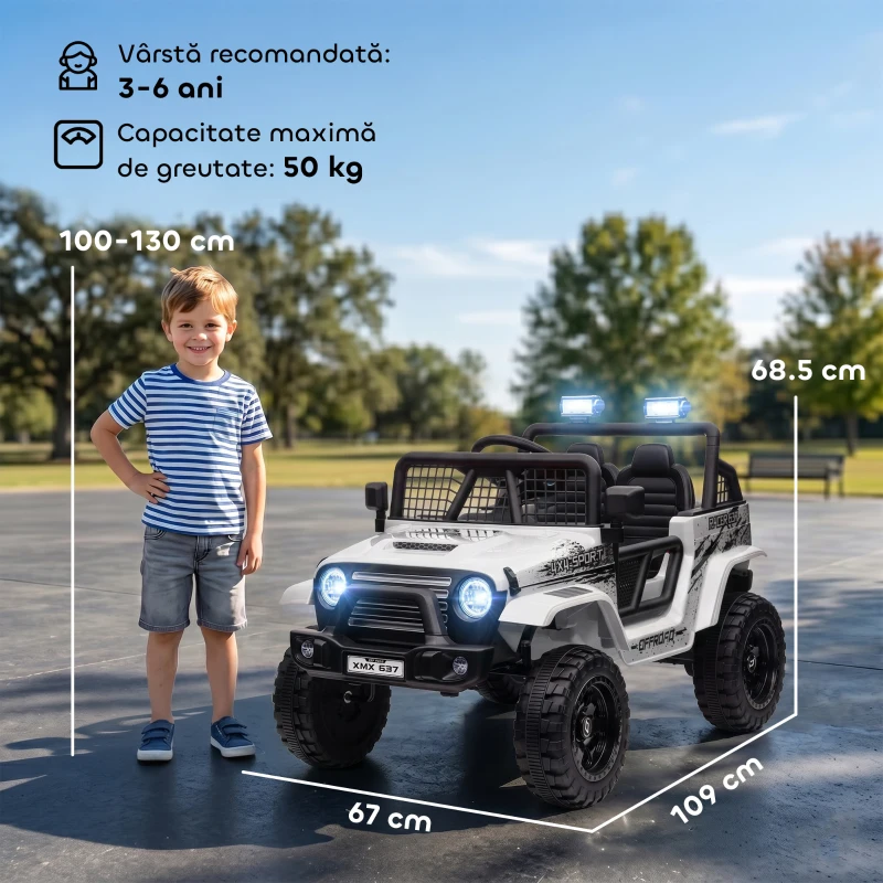 AIYAPLAY Mașină Electrică pentru Copii Off-Road 12V cu Dublu Motor, Vârsta 3-6 Ani, Telecomandă și Lumini, Albă