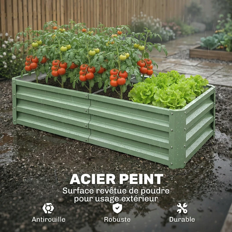 Outsunny Carré Potager de Jardin Rectangulaire, Tôle d'Acier Ondulée, 120 x 60 x 30,5 cm, Vert