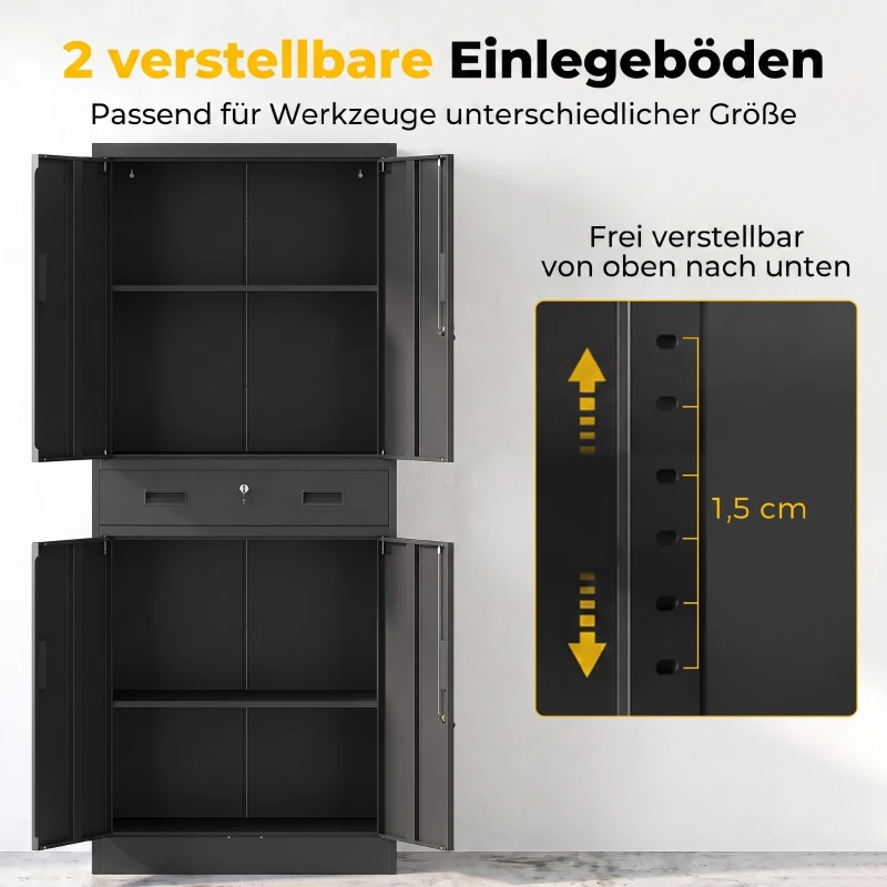 HOMCOM Metalen kast 180 cm, gereedschapskast met afsluitbare deuren, lade en verstelbare planken, zwart