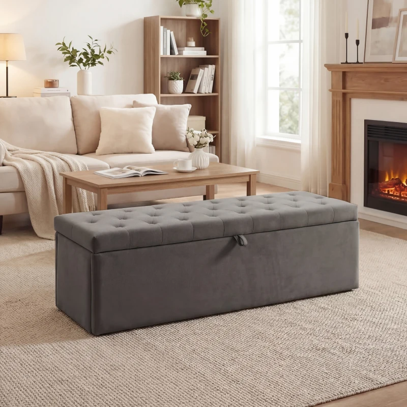 HOMCOM Cassapanca in Velluto140L con Seduta Ampia Imbottita, Capacità 240kg, Camera da Letto Soggiorno Ingresso, Grigio