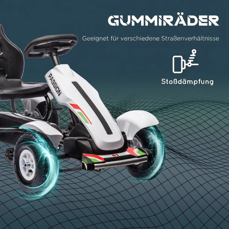 HOMCOM Skelter met handrem, verstelbare stoel, vooruit- en achteruitversnelling, tot 50 kg, voor kinderen van 5-12 jaar, wit