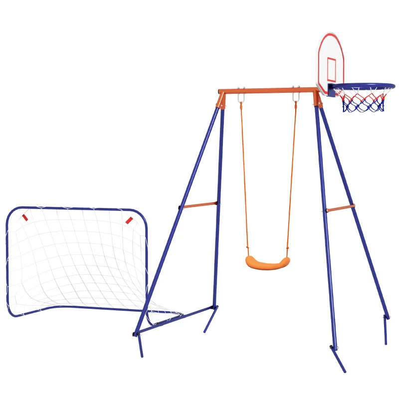 Outsunny Columpio para Niños de 3-8 Años 3 en 1 con Canasta y Portería de Fútbol Desmontable Marco de Acero Multicolor