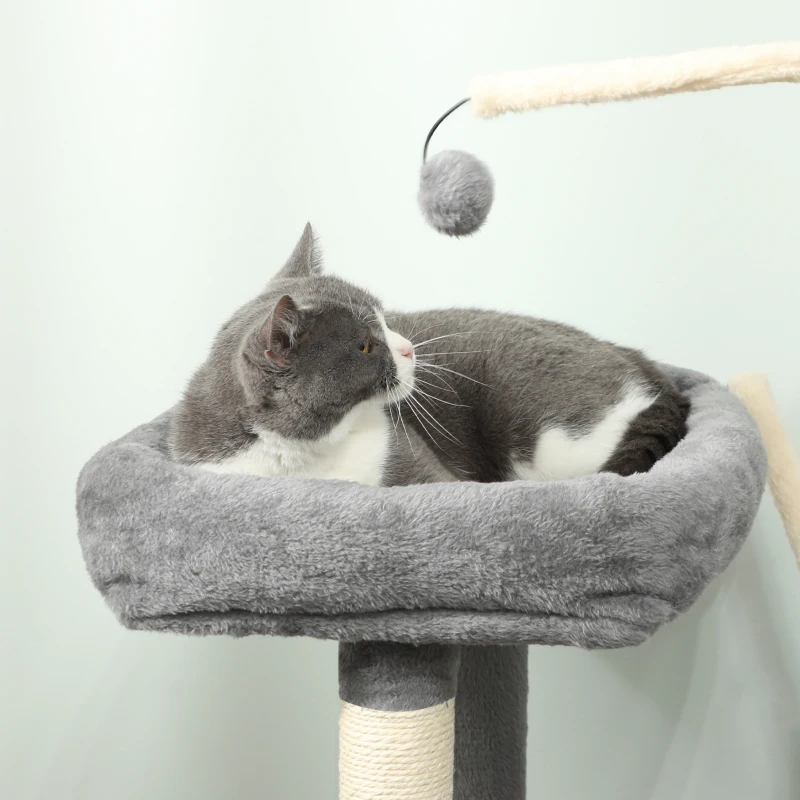 PawHut Arbre à chat tour de jeux pour chats griffoirs et tapis en sisal, plate-forme, niche, hamac, 40,5 x 40,5 x 103 cm, gris