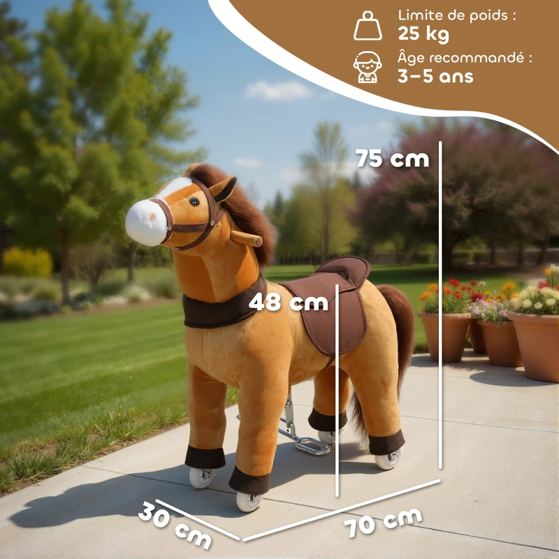 AIYAPLAY Cheval à Monter pour Enfant, Cheval à Roulettes en Peluche, Poignée, 75 cm de Haut, pour 3 à 5 Ans, Marron