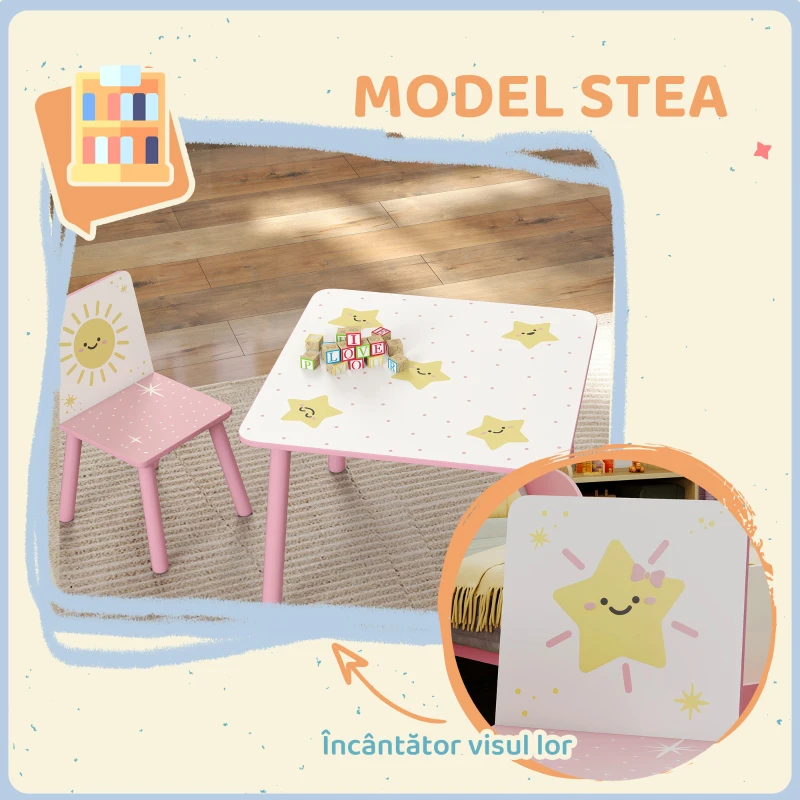 AIYAPLAY Set Mobilier Cameră Copii cu Masă și 2 Scaune pentru Copii de 3-8 Ani cu Model cu Stele, Roz