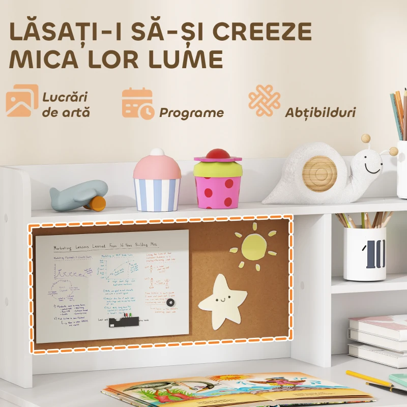 AIYAPLAY Birou pentru copii cu rafturi, dulap, sertar și scaun asortat din MDF alb