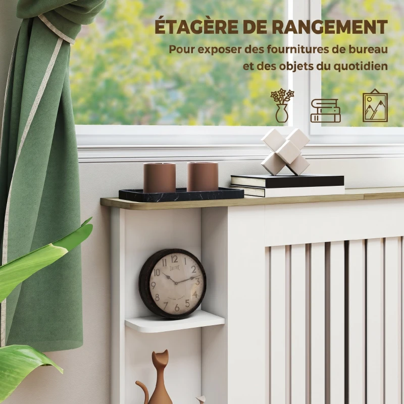HOMCOM Cache-radiateur avec étagères de rangement ouvertes, couvercle de radiateur en bois à lattes, 152x19x83cm, blanc