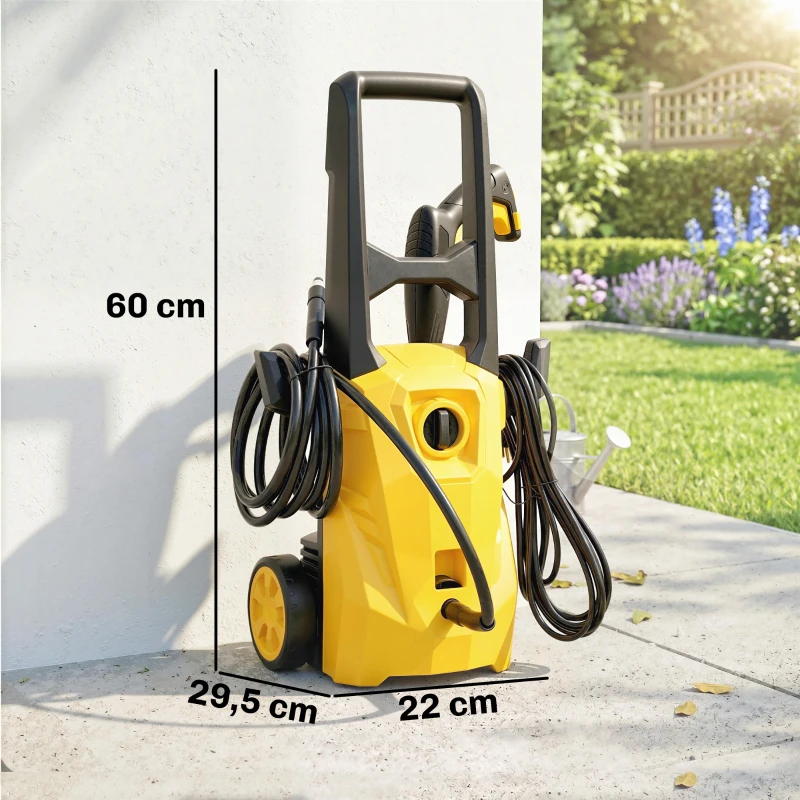 Outsunny Hidrolimpiadora de Alta Presión 1600W 120 Bar con Bomba Boquilla Ajustable y Parada Automática 29,5x22x60 cm Amarillo