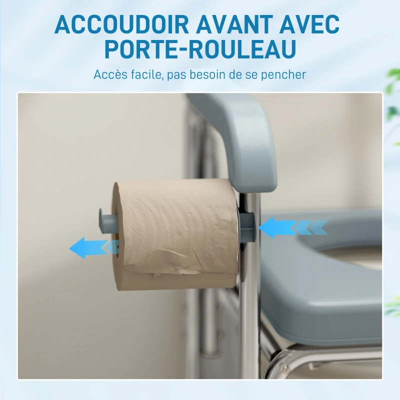 HOMCOM Chaise percée adulte à roulettes, chaise percée de douche avec repose-pieds, dossier et accoudoirs, 53x97x97cm, gris