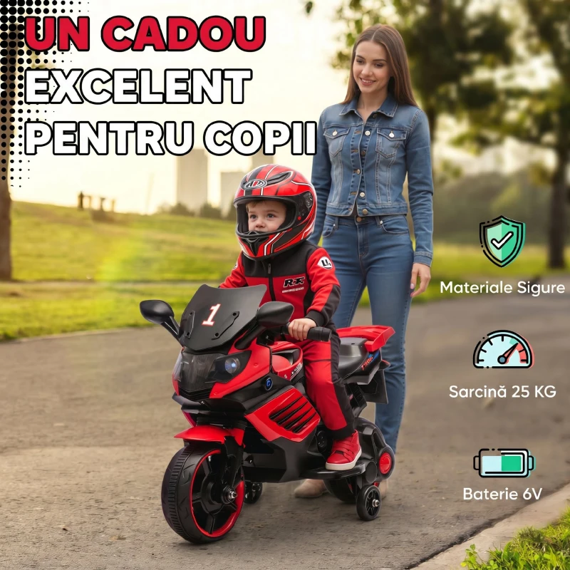 AIYAPLAY Motocicletă Electrică pentru Copii 18-36 luni, 6V, cu Roți Detașabile, Faruri și Melodii, Roșu