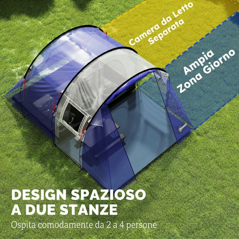Outsunny Tenda a Tunnel per 4 Persone con Camera e Zona Giorno, Impermeabile 3000 mm, Tenda da Campeggio, Blu Scuro