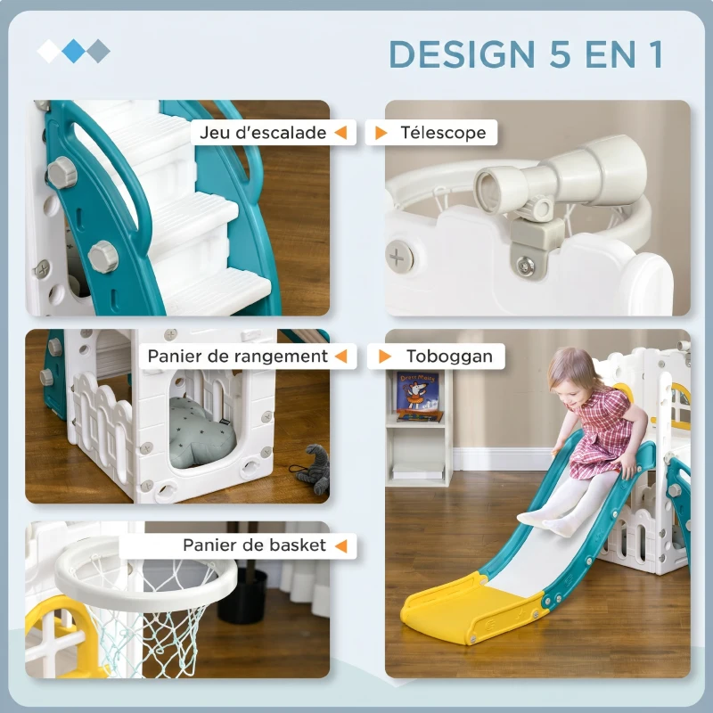AIYAPLAY Toboggan pour enfants 5 en 1 avec panier de basket escalade télescope espace de rangement 70 x 177 x 92 cm jaune