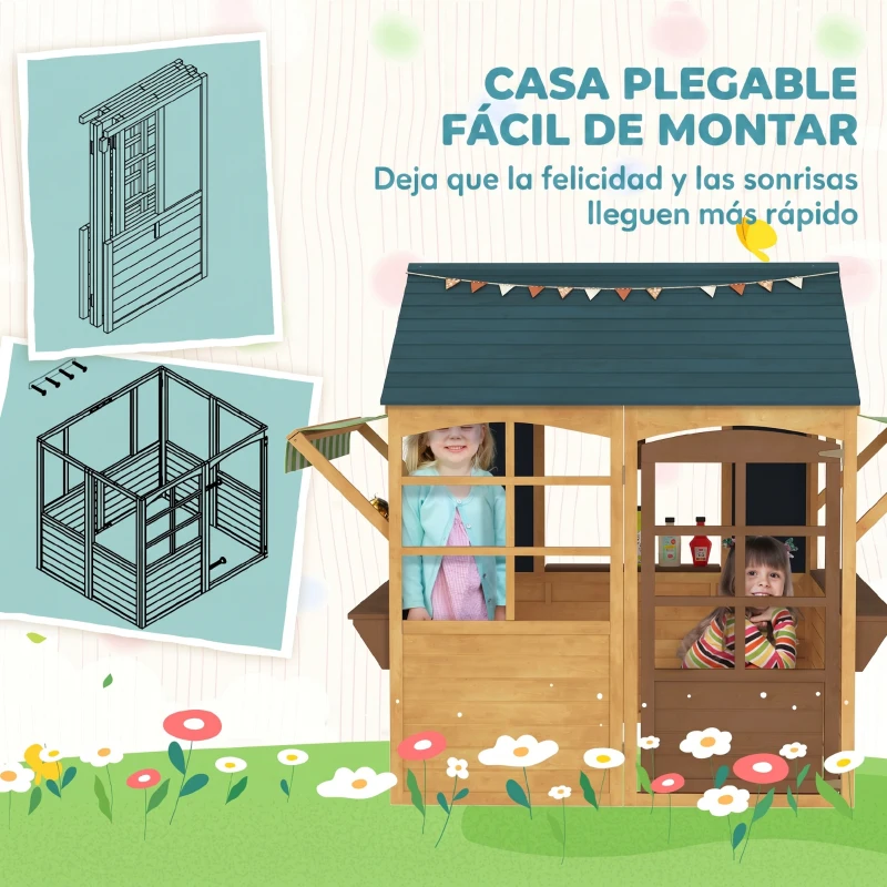 AIYAPLAY Casita de Juegos Infantil de Madera con Ventanas Pizarras Tejado y Toldo 173x117x144 cm Madera Natural