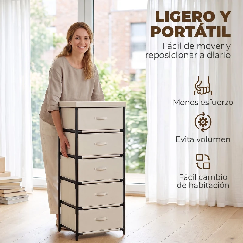 HOMCOM Cómoda para Dormitorio con 5 Cajones de Tela Marco de Acero Cajonera para Salón Oficina Vestidor Beige