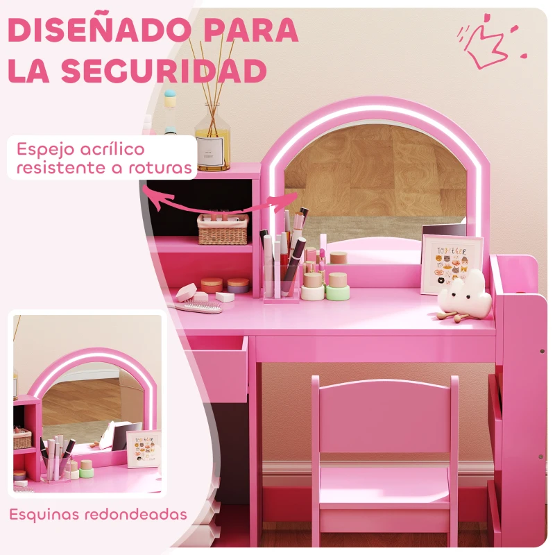 AIYAPLAY Tocador de Maquillaje Niña Tocador Infantil con Taburete y Espejo con Luces LED 1 Cajón Armario y 5 Estantes Rosa