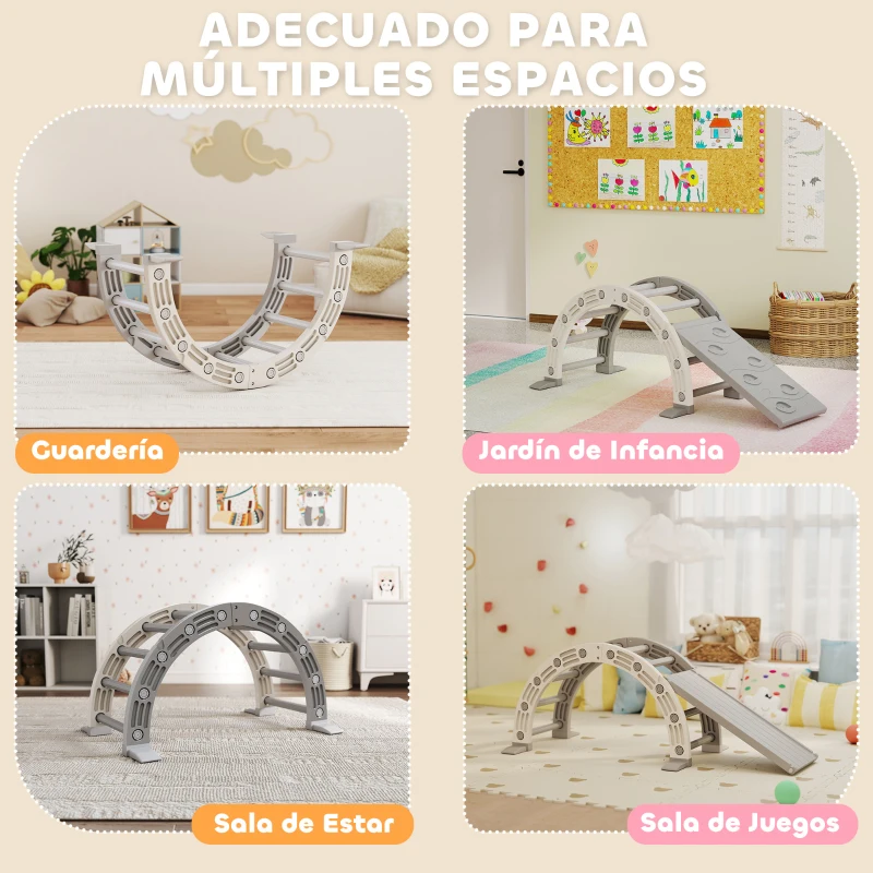 AIYAPLAY Escalada para Niños de 18-48 Meses 4 en 1 con Arco de Escalada Mecedora Rampa y Tobogán 164x70x57 cm Gris y Blanco