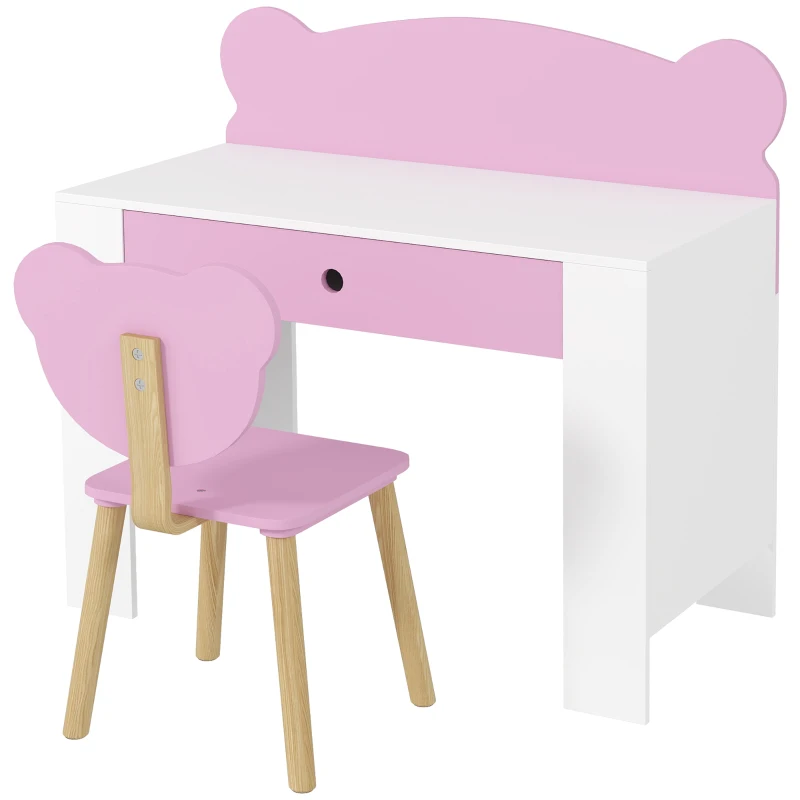 AIYAPLAY Set Scrivania per Bambini con Cassetto e Sedia con Schienale a Orsetto, Età 3-8 Anni, Rosa
