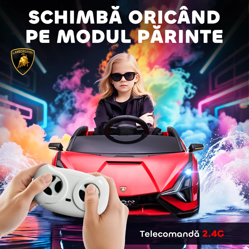 HOMCOM Masina electrica pentru copii 12V Lamborghini cu faruri si muzica, telecomanda si viteza 3-8 km/h, 108x62x40cm, Rosie