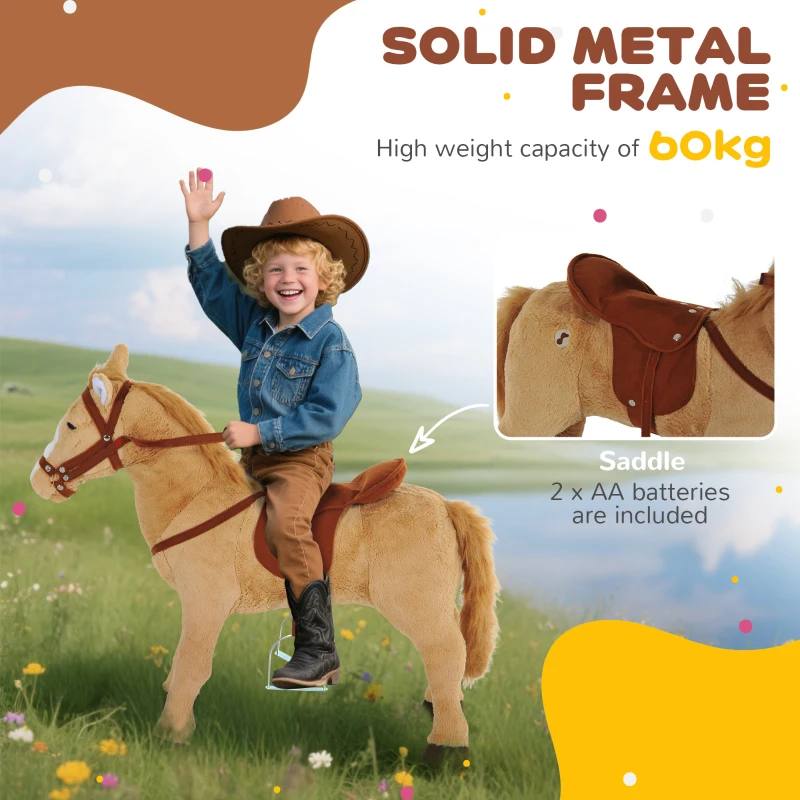 HOMCOM Kids Ride On Standing Horse Cuddly Toy Children Plush Soft Pony Gift w/ Neigh Sound or 2 Years and Up Beige