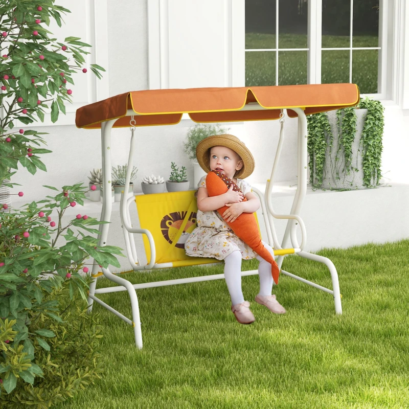 Outsunny Balancín de Jardín Exterior de 2 Plazas con Patrón de León Toldo Ajustable en Ángulo Carga 60 kg 110x70x110 cm Amarillo