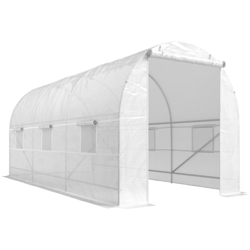 Outsunny Serre tunnel de jardin 9m², serre de jardin tunnel avec porte et 6 fenêtres, bâche PE 140 g/m² 445 x 200 x 200 cm blanc