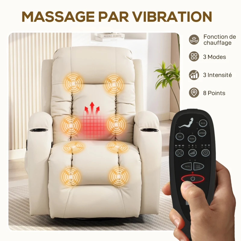 HOMCOM Fauteuil inclinable de massage et chauffage, fauteuil de relaxation, dossier réglable, pivotant 360°, 82x99x103cm, crème